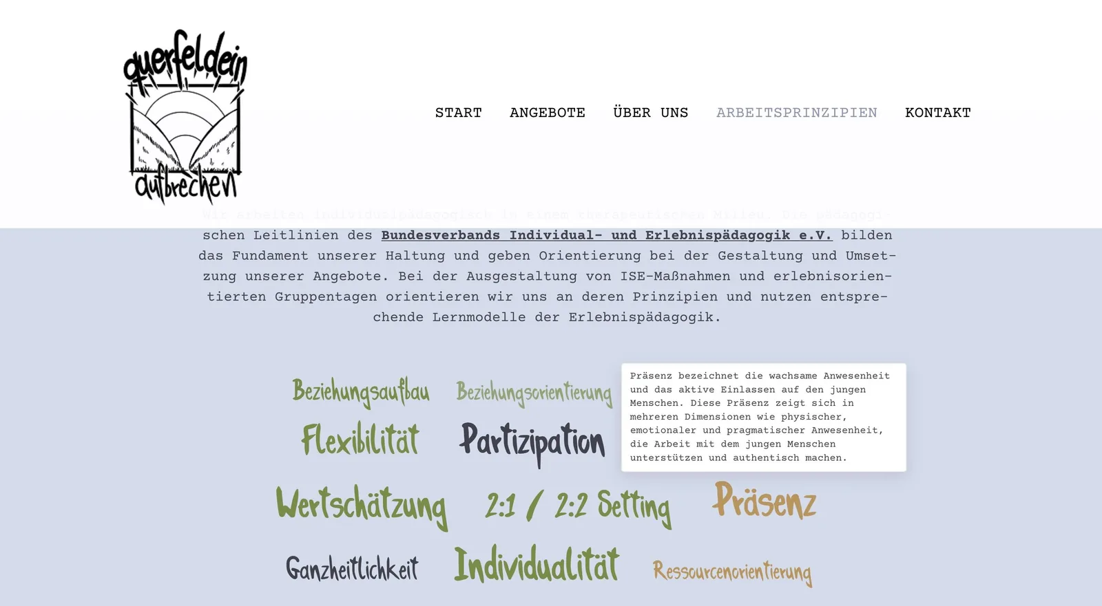 Die Wortwolke auf der Seite Arbeitsprinzipien mit geöffneter Erklärung zum Begriff Präsenz