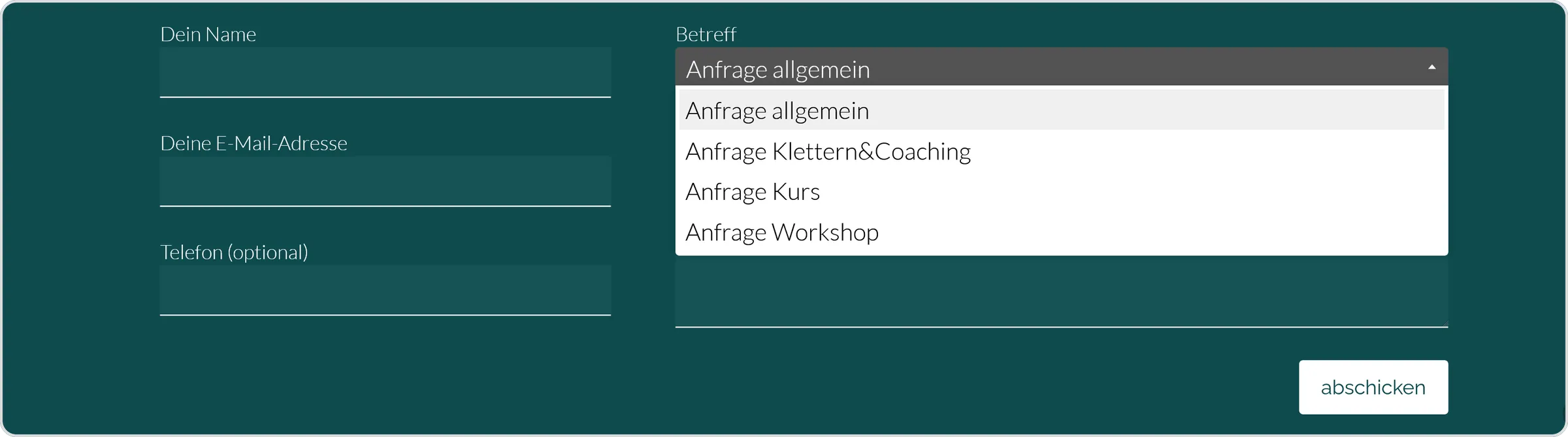 Kontaktformular mit aufgeklappter Auswahl der Anfrageart: allgemein, Klettern und Coaching, Kurs oder Workshop