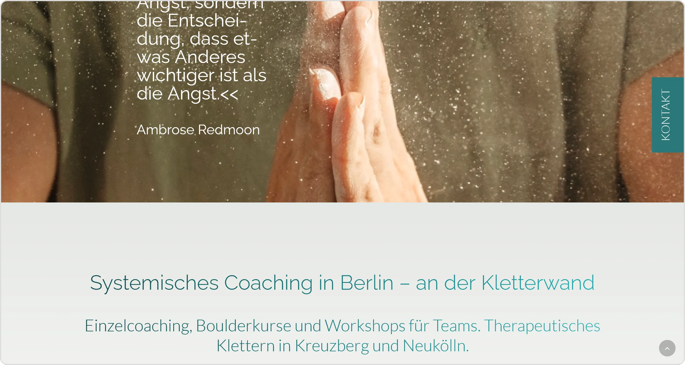 Startseite von RausWachsen mit der Überschrift „Systemisches Coaching in Berlin – an der Kletterwand", Ansicht für den PC